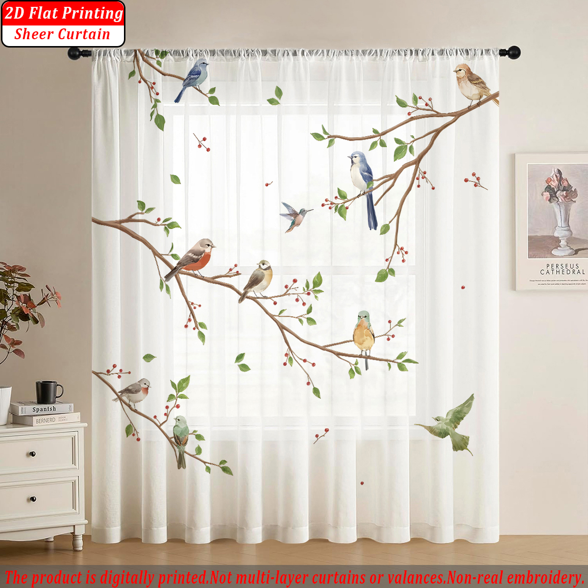 Lighting Decor Ideas - Branches Flying Birds Flat Printing Sheer